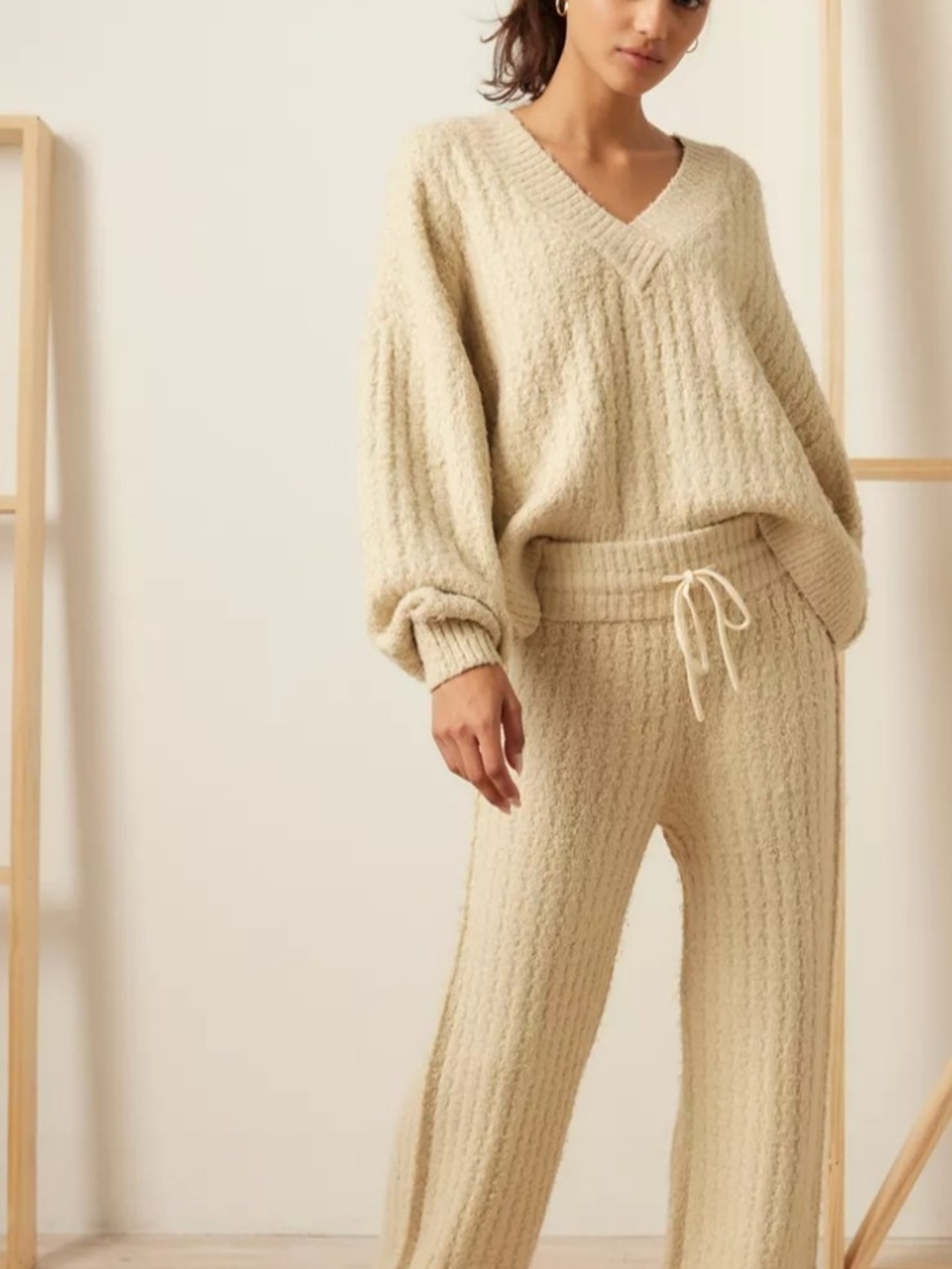 Cable Knit Wide Leg Pants in Beige Like New